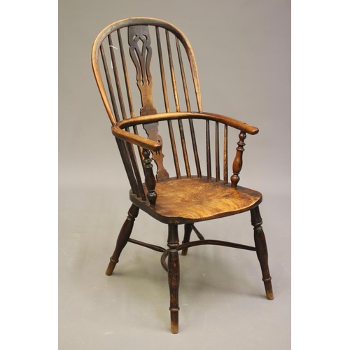 729 - AN ASH AND FRUITWOOD WINDSOR ARMCHAIR, mid 19th century, the high hoop back with fleur de lys splat,... 