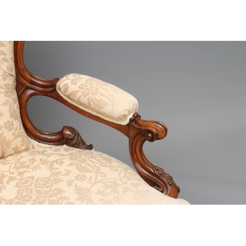 731 - A VICTORIAN WALNUT SHOW FRAME SALON CHAIR, late 19th century, of spoon back form button upholstered ... 