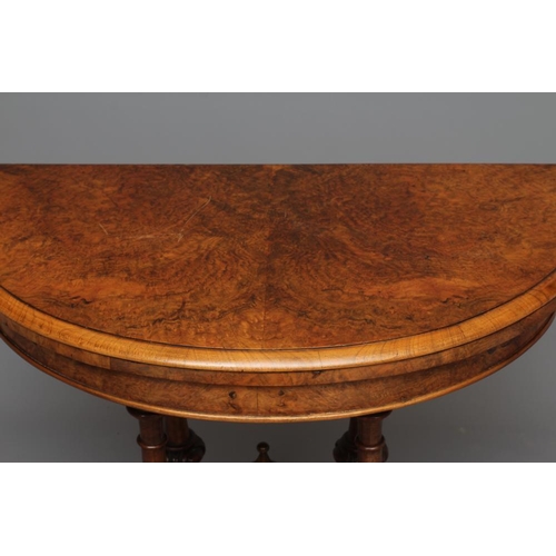 732 - A PAIR OF VICTORIAN BURR WALNUT FOLDING CARD TABLES, third quarter 19th century, of demi-lune form l... 