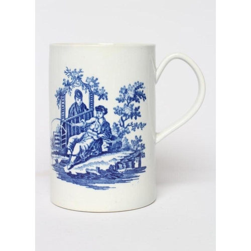 32 - A WORCESTER PORCELAIN LA PECH AND PROMENADE LARGE MUG, c.1775, of plain cylindrical form, underglaze... 