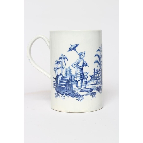 32 - A WORCESTER PORCELAIN LA PECH AND PROMENADE LARGE MUG, c.1775, of plain cylindrical form, underglaze... 