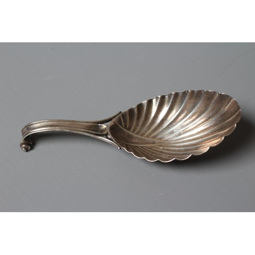 102 - A WILLIAM IV SILVER CADDY SPOON, maker's mark WF, London 1831, the leaf shaped bowl with scroll hand... 