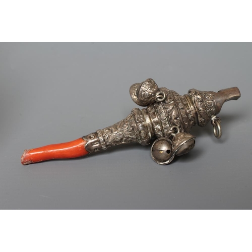 106 - A GEORGE IV SILVER RATTLE/WHISTLE by Unite & Hilliard, Birmingham 1825, of typical baluster form hun... 