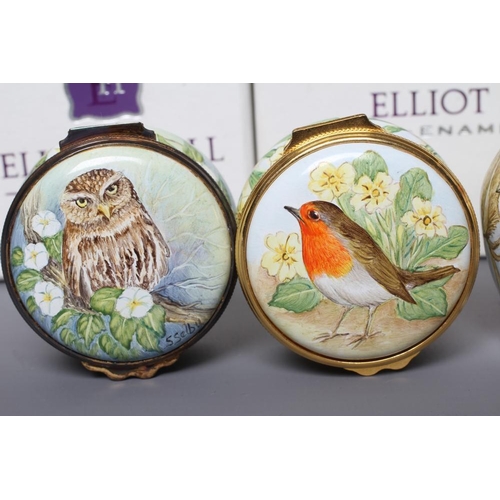 128 - TWO ELLIOT HALL ENAMEL BOXES each of circular form and painted by Sandra Selby with a Robin and Litt... 