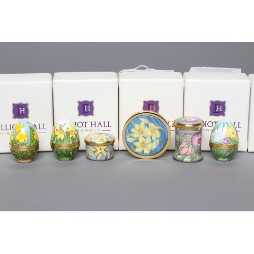 130 - TWO ELLIOT HALL ENAMEL LIMITED EDITION EGG BOXES, one painted by Fiona Bakewell with Crocus, and one... 