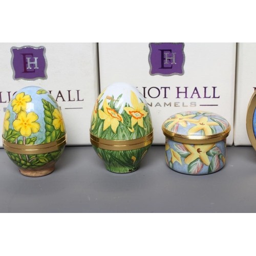 130 - TWO ELLIOT HALL ENAMEL LIMITED EDITION EGG BOXES, one painted by Fiona Bakewell with Crocus, and one... 