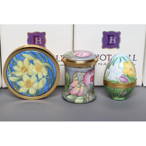 130 - TWO ELLIOT HALL ENAMEL LIMITED EDITION EGG BOXES, one painted by Fiona Bakewell with Crocus, and one... 