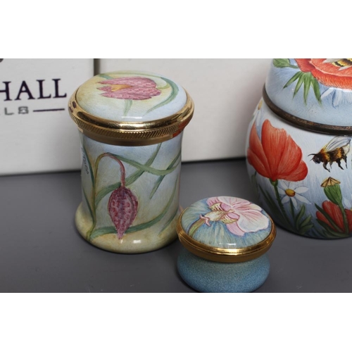 131 - AN ELLIOT HALL ENAMEL JAR AND COVER of baluster form painted by Sandra Selby with Poppies and Bees, ... 