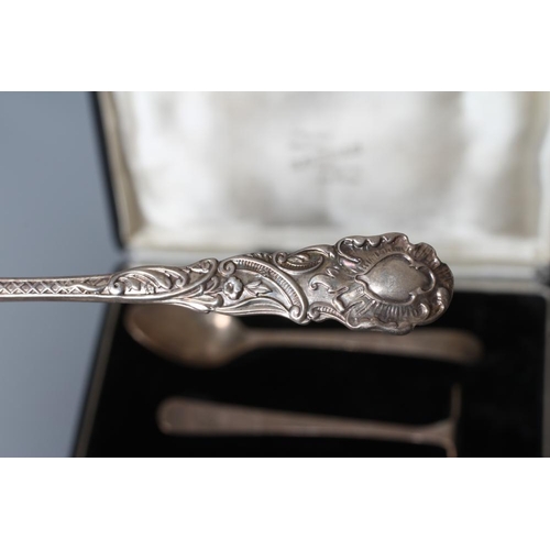 154 - AN EDWARDIAN SILVER CHRISTENING SPOON AND FORK by Jackson & Fullerton, London 1902/3, cast in the ro... 