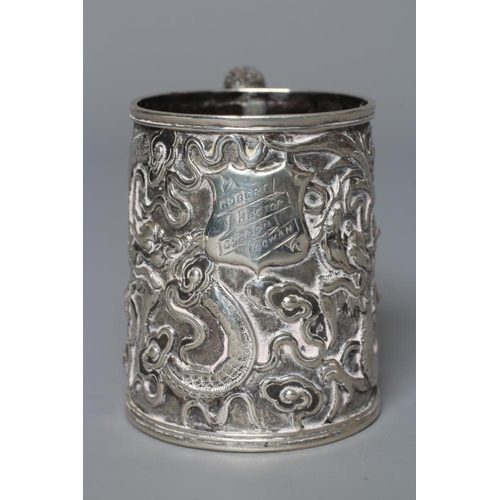 170 - A CHINESE EXPORT SILVER CHRISTENING MUG by Kwong Man Shing (act.1875-1925), of tapering cylindrical ... 