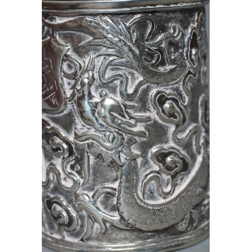 170 - A CHINESE EXPORT SILVER CHRISTENING MUG by Kwong Man Shing (act.1875-1925), of tapering cylindrical ... 