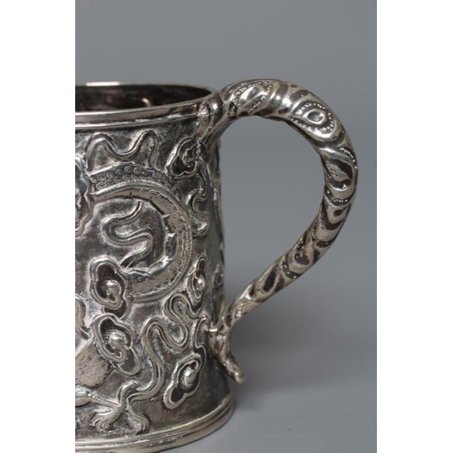 170 - A CHINESE EXPORT SILVER CHRISTENING MUG by Kwong Man Shing (act.1875-1925), of tapering cylindrical ... 