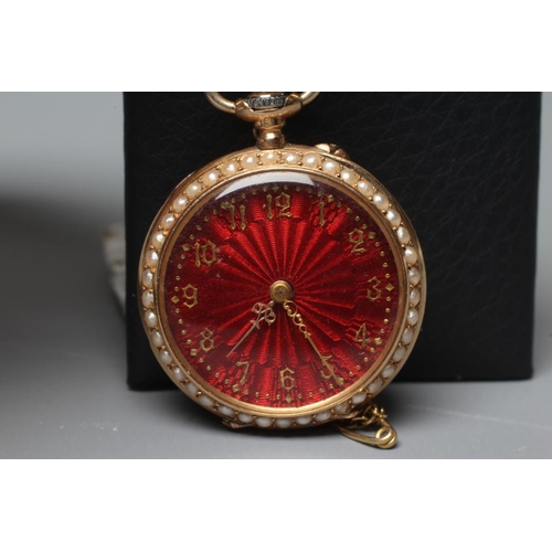 260 - A LADYS TOP WIND FOB WATCH, stamped 18K, the red guilloche enamel dial with gilt Arabic numerals, t... 