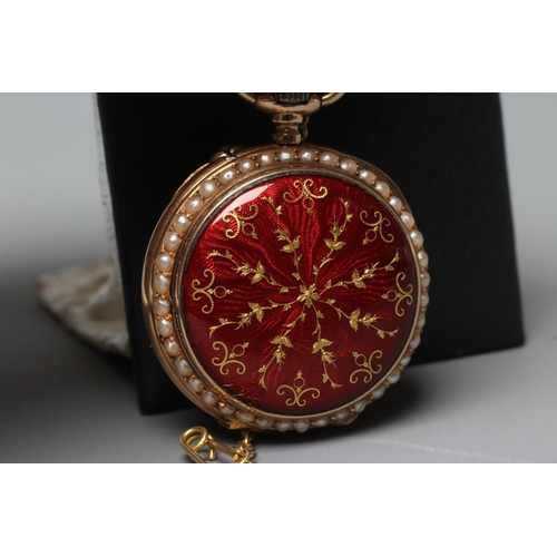 260 - A LADYS TOP WIND FOB WATCH, stamped 18K, the red guilloche enamel dial with gilt Arabic numerals, t... 