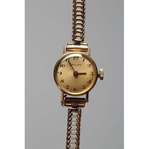 268 - A LADY'S 18CT GOLD CASED ZENITH WRISTWATCH, the gilt dial with black Roman numerals, unnumbered seve... 