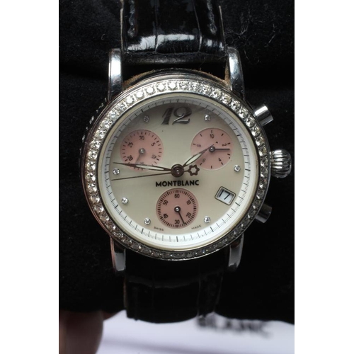 270 - A LADY'S MONTBLANC DIAMOND ARTISAN MEISTERSTUCK CHRONOGRAPH, the mother-of-pearl dial with three fur... 