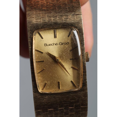 272 - A LADY'S 9CT GOLD BEUCHE-GIROD WRISTWATCH, the gilt oblong dial with applied metal batons, the unnum... 