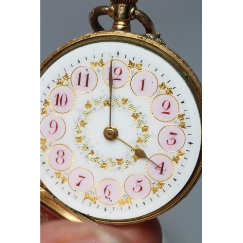 274 - A LADYS TOP WIND POCKET WATCH, stamped 18K, the white enamel dial with puce Arabic numerals to the ... 