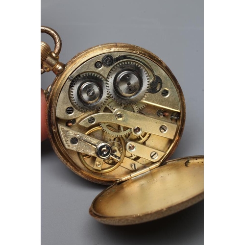 274 - A LADYS TOP WIND POCKET WATCH, stamped 18K, the white enamel dial with puce Arabic numerals to the ... 