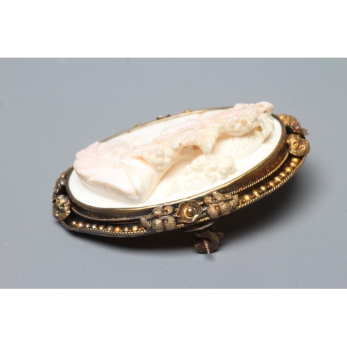 309 - A VICTORIAN PINK AND WHITE SHELL CAMEO carved in high relief with the head and shoulders portrait of... 