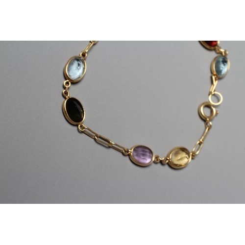 314 - A MULTI-GEM BRACELET, the four pairs of facet cut coloured stones including garnet, aquamarine and a... 