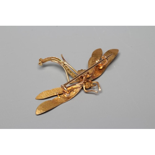 319 - A DRAGONFLY BROOCH with engraved wings, facet cut ruby eyes and cabochon thorax, and channel set gra... 