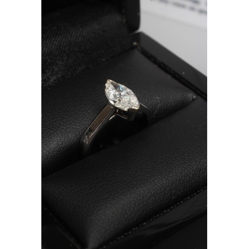 340 - A SOLITAIRE DIAMOND RING, the marquise cut stone of 1.30cts claw set to a plain unmarked platinum sh... 