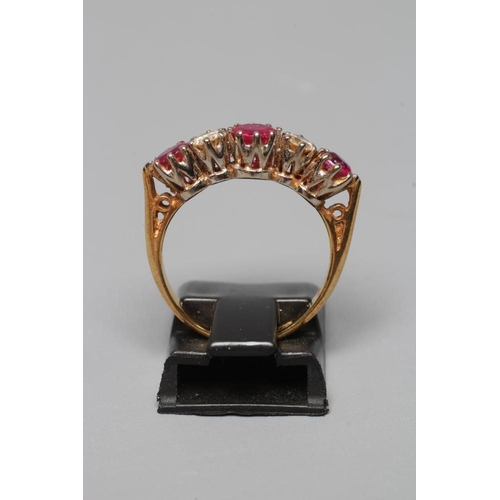 352 - A RUBY AND DIAMOND FIVE STONE RING, the three circular facet cut rubies claw set with two brilliant ... 