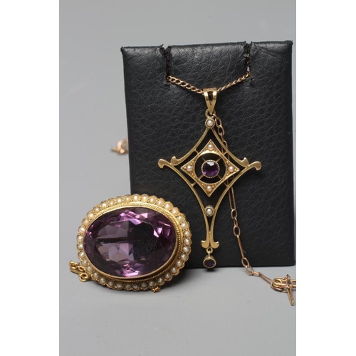 360 - AN EDWARDIAN AMETHYST AND SEED PEARL PENDANT, stamped 15CT, of stylised lozenge form, on a chain nec... 