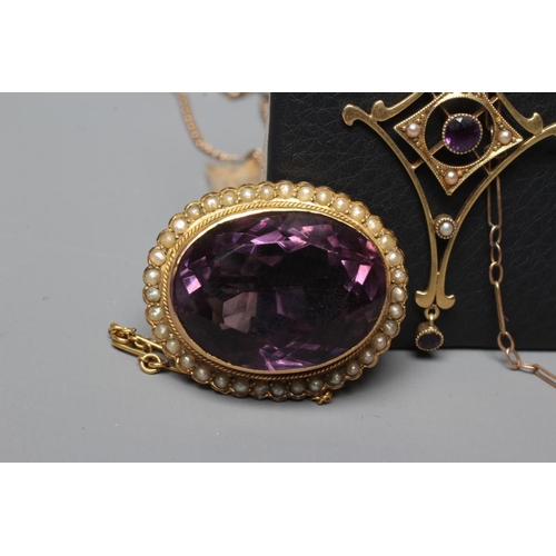 360 - AN EDWARDIAN AMETHYST AND SEED PEARL PENDANT, stamped 15CT, of stylised lozenge form, on a chain nec... 