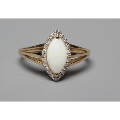 367 - AN OPAL AND DIAMOND CLUSTER RING, the marquise cabochon polished opal claw set to a border of small ... 