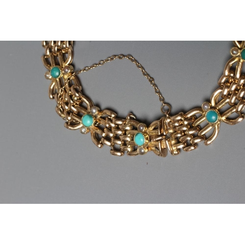 368 - A LATE VICTORIAN FANCY GATE LINK BRACELET, each four bar gate centred by a collet set small turquois... 