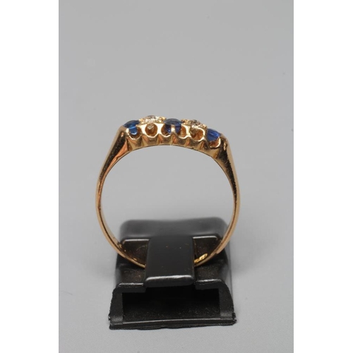 388 - A FIVE STONE SAPPHIRE AND DIAMOND RING, the three facet cut sapphires and two diamonds claw set to a... 