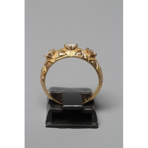 395 - A MID VICTORIAN THREE STONE DIAMOND RING, the old cut stones point set to a lattice chased mount and... 