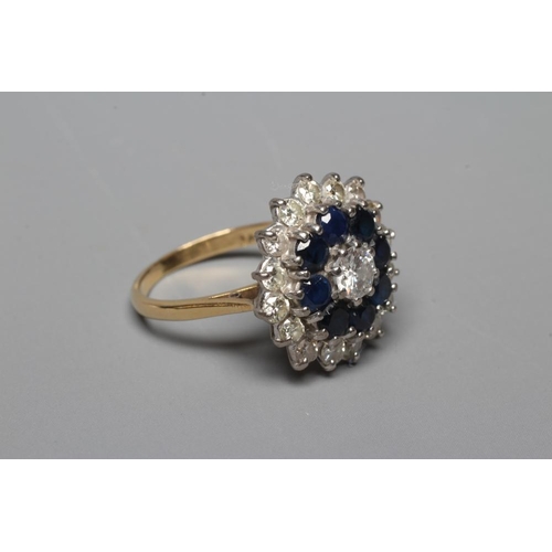 399 - A SAPPHIRE AND DIAMOND CLUSTER RING, the central brilliant cut diamond of approximately 0.40cts, cla... 