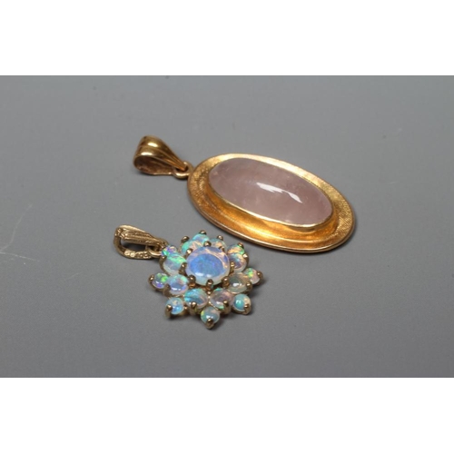 402 - AN OPAL CLUSTER PENDANT, the seventeen cabochon polished graduated stones claw set to a plain 9ct go... 