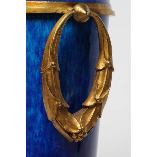 440 - A FRENCH NEOCLASSIC STYLE GARNITURE VASE, 20th century, the blue ceramic tapering body with ormolu m... 