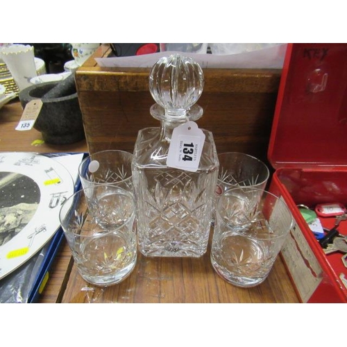 134 - ROYAL ALBERT CUT GLASS DECANTER AND FOUR GLASSES