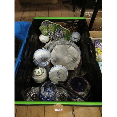 185 - QUANTITY OF CERAMICS INCLUDING TEAPOTS, MEATPLATES AND A BISCUIT BARREL