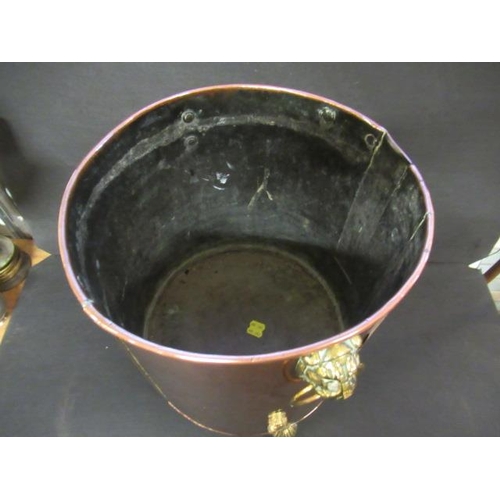 3 - CYLINDRICAL BRASS AND COPPER COAL BUCKET ON LION PAW FEET