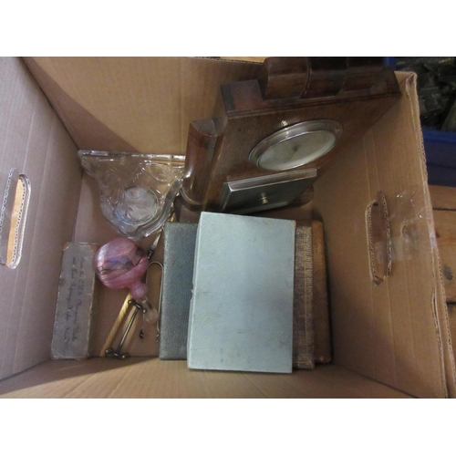 311 - BOX OF MISCELLANEOUS INCLUDING SMALL BAROMETER FOUR CUTLERY BOXES AND A BOX OF SPOONS