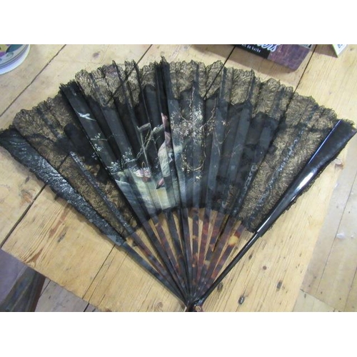 420 - EDWARDIAN PAINTED BLACK SILK GAUZE AND TORTOISESHELL FAN