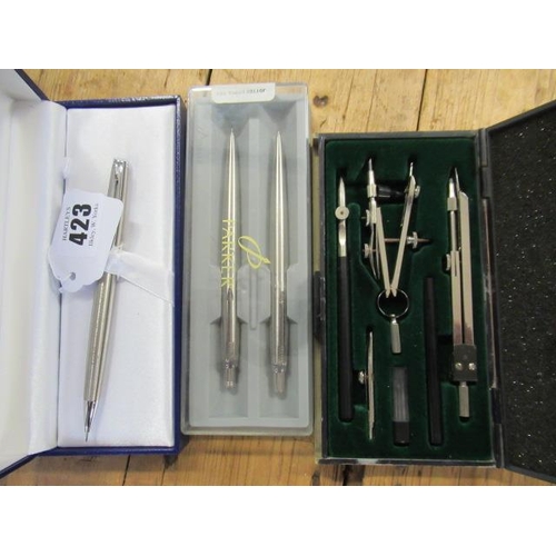 423 - TWO PEN SETS A PENCIL SET AND A SET OF DRAWING INSTRUMENTS