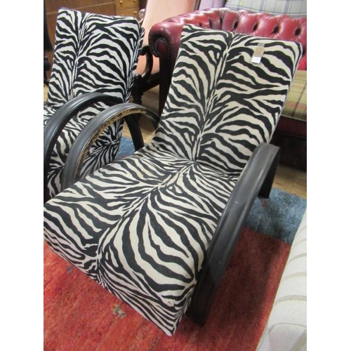 45 - A PAIR OF MID 20TH CENTURY HALABALA STYLE BENTWOOD AND ZEBRA PRINT UPHOLSTERED ARMCHAIRS