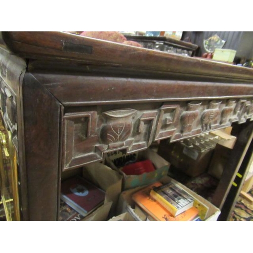 49 - A PAIR OF CHINESE MEIJI PERIOD HARDWOOD ALTAR SIDE TABLE WITH CARVED SYMBOLIC FRONT AND SIDES 35.5 i... 