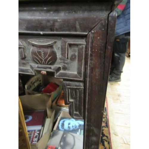 49 - A PAIR OF CHINESE MEIJI PERIOD HARDWOOD ALTAR SIDE TABLE WITH CARVED SYMBOLIC FRONT AND SIDES 35.5 i... 