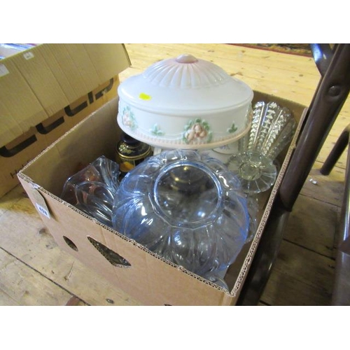 498 - BOX OF GLASS INCLUDING VASES TEAPOTS AND LIGHTSHADES