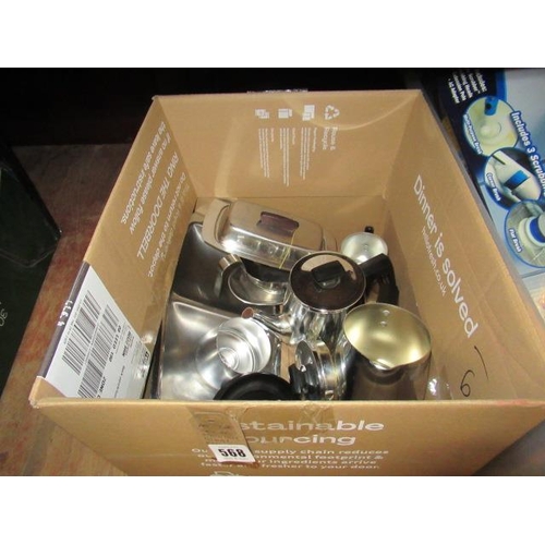 568 - BOX OF STAINLESS STEEL KITCHENWARE