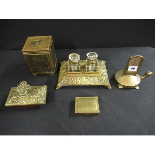 59 - BRASS DOUBLE INKWELL, BLOTTER, STAMP BOX AND OTHER BRASSWARE