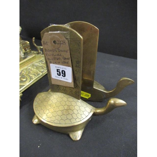 59 - BRASS DOUBLE INKWELL, BLOTTER, STAMP BOX AND OTHER BRASSWARE